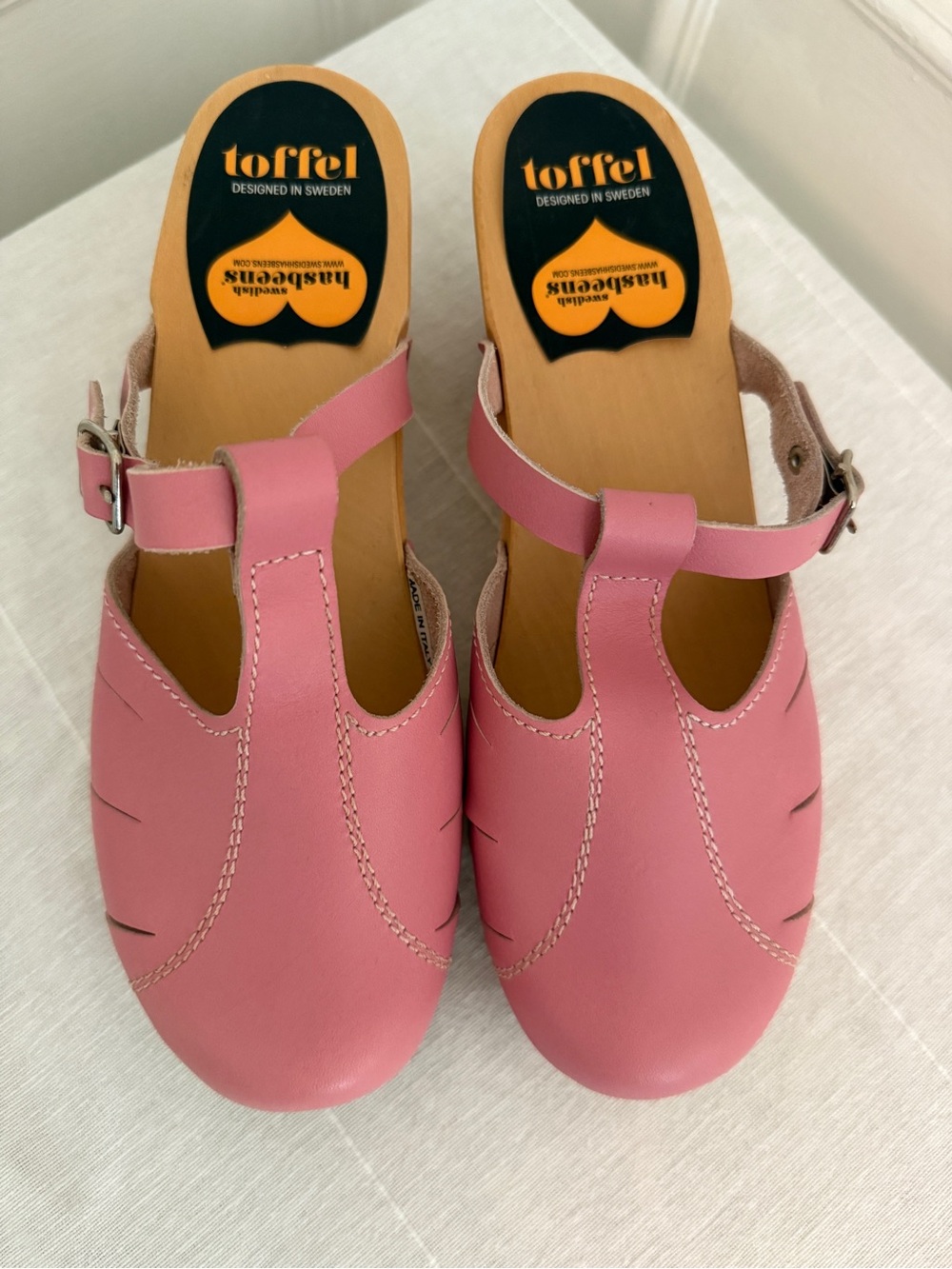Swedish Hasbeens Pink Leather T-Strap Clogs size 39